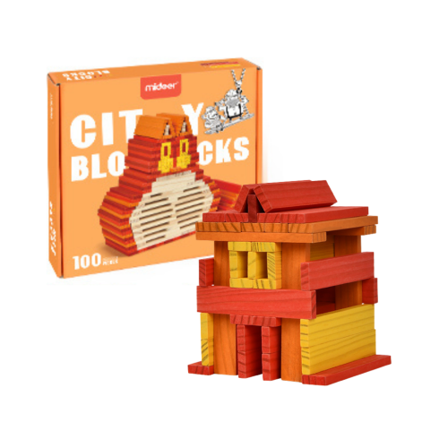 Drewniane klocki CITY BLOCKS dla małych konstruktorów - ciepłe kolory -100 szt.